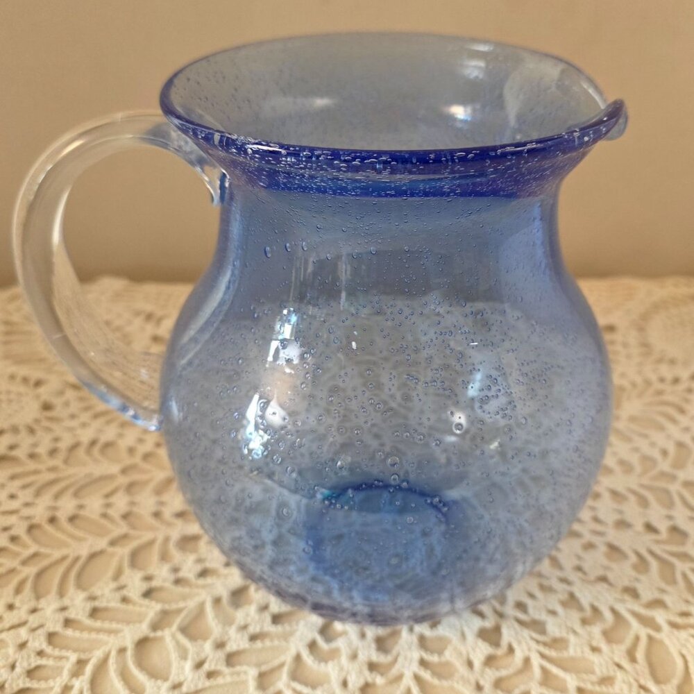 Vintage Cobalt Handblown Bubble Glass Pitcher With Clear Applied Handle - Picture 4 of 16